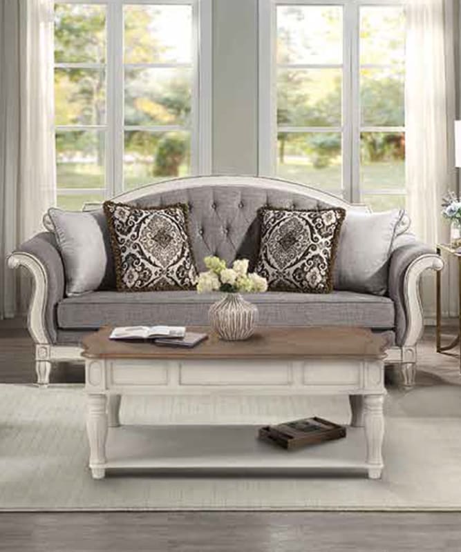 Florian Sofa in Gray Fabric, Oak & Antique White Finish by Acme - LV02119