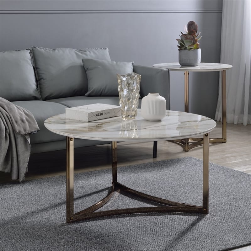 Aziz 3 Piece Coffee Table Set in Sintered Stone and Champagne Finish by Acme - LV02825-S