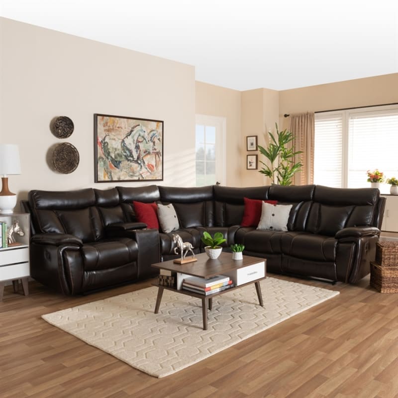 Lewis Modern and Contemporary Dark Brown Faux Leather 6-Piece Reclining Sectional by Baxton Studio - BAX-5025B-Brown-SF