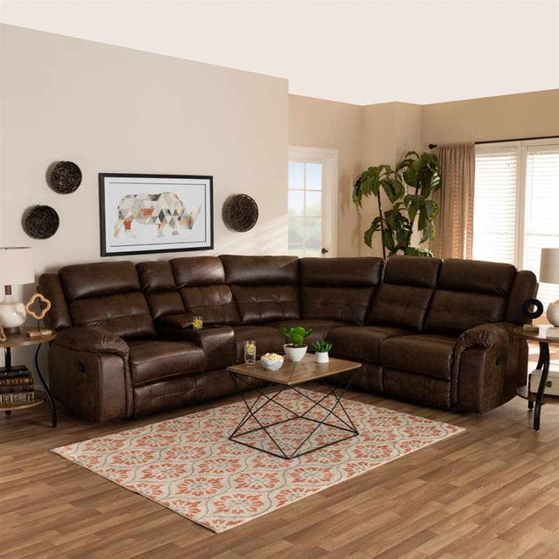 Vesa Modern and Contemporary Brown Leather-Like Fabric 6-Piece Reclining Sectional by Baxton Studio - BAX-7271C-Brown-SF