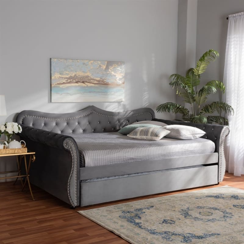 Abbie Daybed with Trundle in Grey Velvet Fabric Finish by Baxton Studio - BAX-Abbie-Grey Velvet-Daybed-Q/T