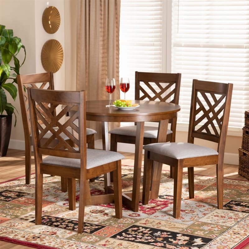 Alena 5 Piece Round Dining Room Set in Grey and Walnut Brown Finish by Baxton Studio - BAX-Alena-Grey/Walnut-5PC