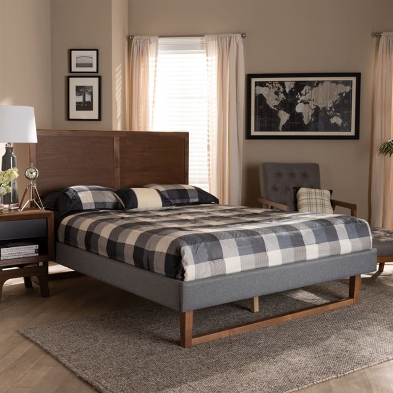 Allegra Upholstered Queen Platform Bed in Grey and Ash Walnut Brown Finish by Baxton Studio - BAX-Allegra-Dark Grey/Ash Walnut-Queen