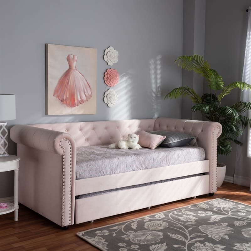Mabelle Daybed with Trundle in Light Pink Velvet Finish by Baxton Studio - BAX-Ashley-Light Pink-Daybed