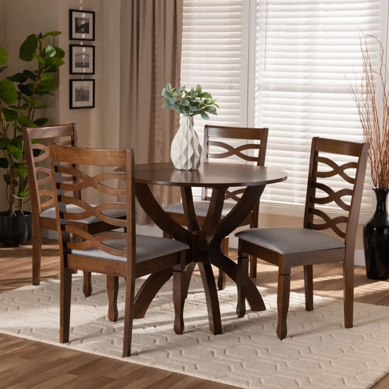 Aspen 5 Piece Round Dining Room Set in Grey and Walnut Brown Finish by Baxton Studio - BAX-Aspen-Grey/Walnut-5PC