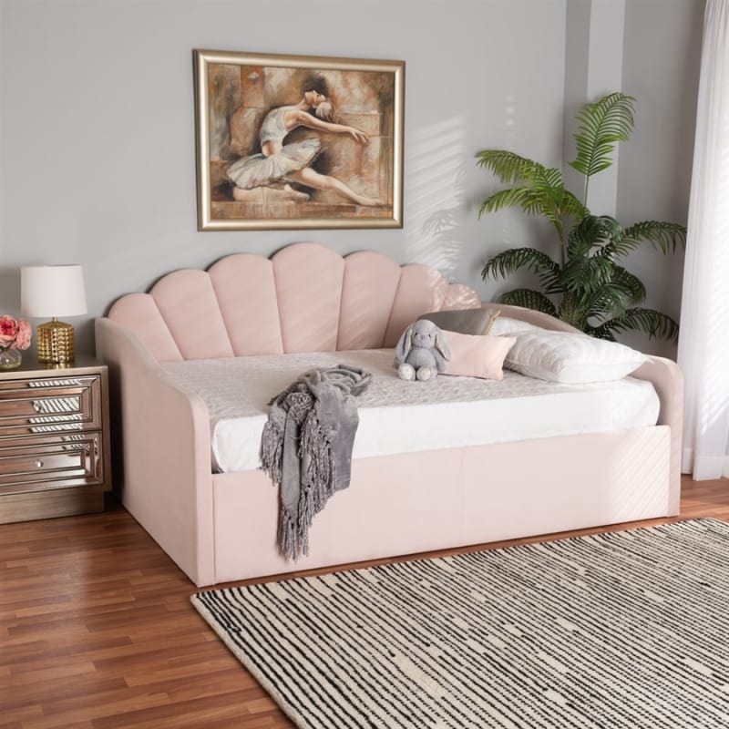 Timila Daybed in Light Pink Velvet Fabric Finish by Baxton Studio - BAX-BBT61078-Light Pink Velvet-Daybed-Queen