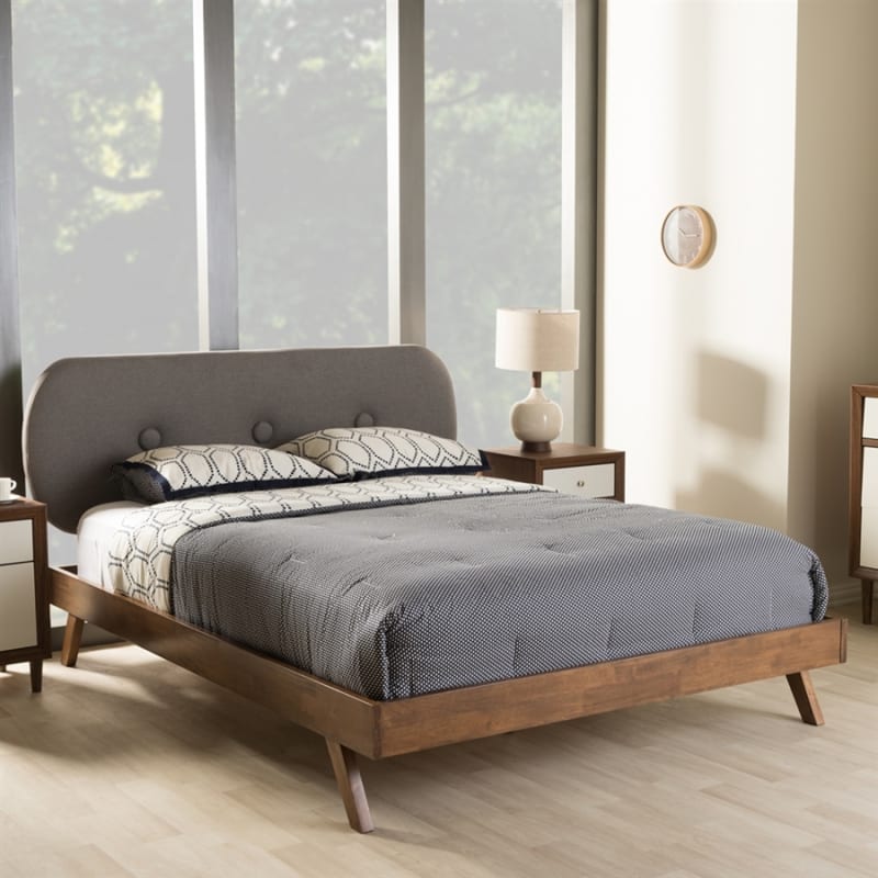 Penelope Platform Bed in Solid Walnut and Grey Fabric Finish by Baxton Studio - BAX-BBT6607-Grey-Queen-XD45