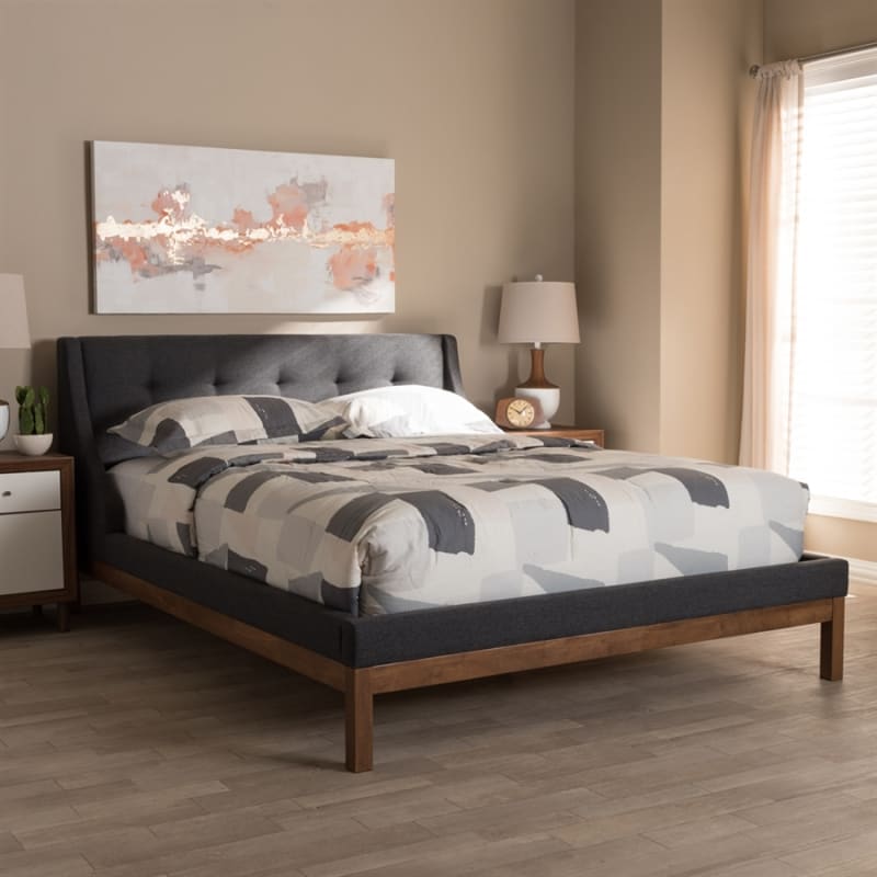 Louvain Contemporary Queen Platform Bed in Dark Grey/Walnut Finish by Baxton Studio - BAX-BBT6696-Dark Grey-Queen