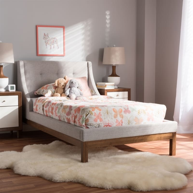 Louvain Contemporary Twin Platform Bed in Greyish Beige/Walnut Finish by Baxton Studio - BAX-BBT6696-Greyish Beige-Twin