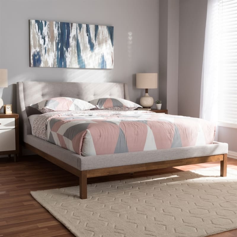Louvain Contemporary Queen Platform Bed in Greyish Beige/Walnut Finish by Baxton Studio - BAX-BBT6696-Greyish Beige-Queen