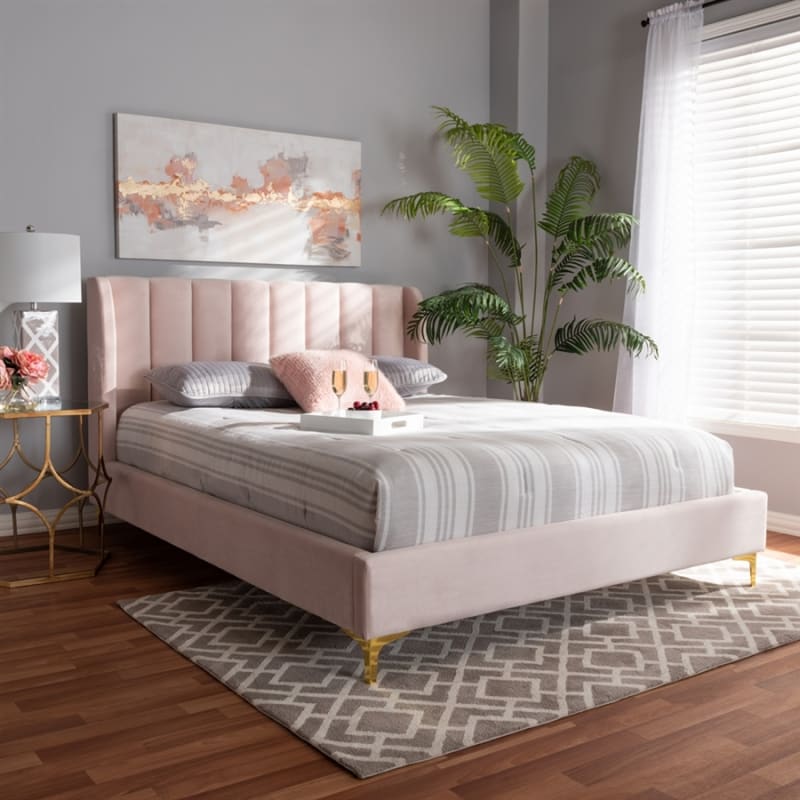 Saverio Platform Bed in Light Pink Velvet Fabric Finish by Baxton Studio - BAX-BBT6765-Light Pink-Queen