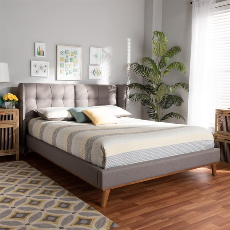 Gretchen Platform Wingback Bed in Grey Fabric and Walnut Brown Finish by Baxton Studio - BAX-BBT6917-Grey/Walnut-King