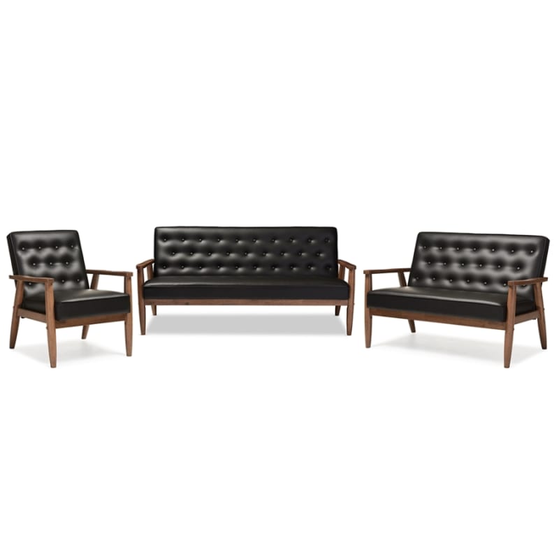 Sorrento Mid-Century Retro Modern Black Faux Leather 3-Piece Living Room Set by Baxton Studio - BAX-BBT8013-Black 3PC Set