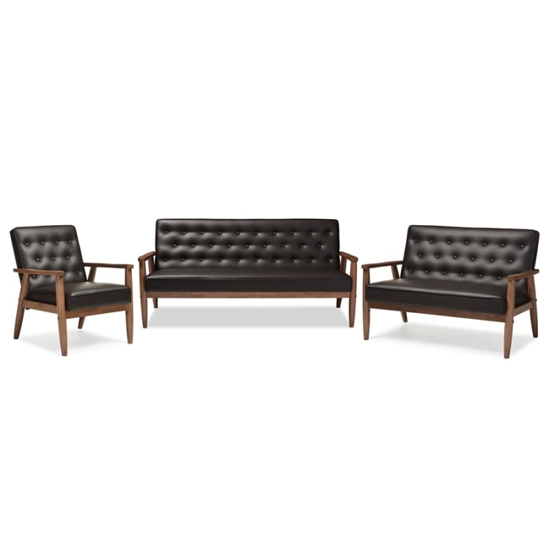 Sorrento Mid-Century Retro Modern Brown Faux Leather 3-Piece Living Room Set by Baxton Studio - BAX-BBT8013-Brown 3PC Set