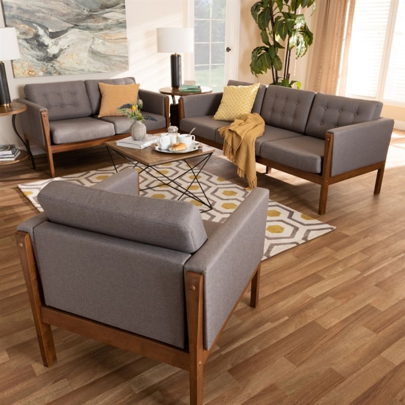 Lenne Mid-Century Modern Grey 3-Piece Living Room Set by Baxton Studio - BAX-BBT8041-Grey-3PC Set