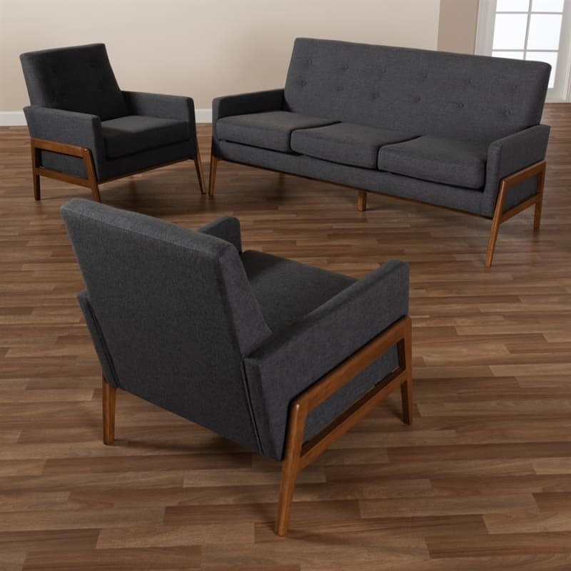 Perris Mid-Century Modern Dark Grey 3-Piece Living Room Set by Baxton Studio - BAX-BBT8042-Dark Grey/Walnut-3PC Set