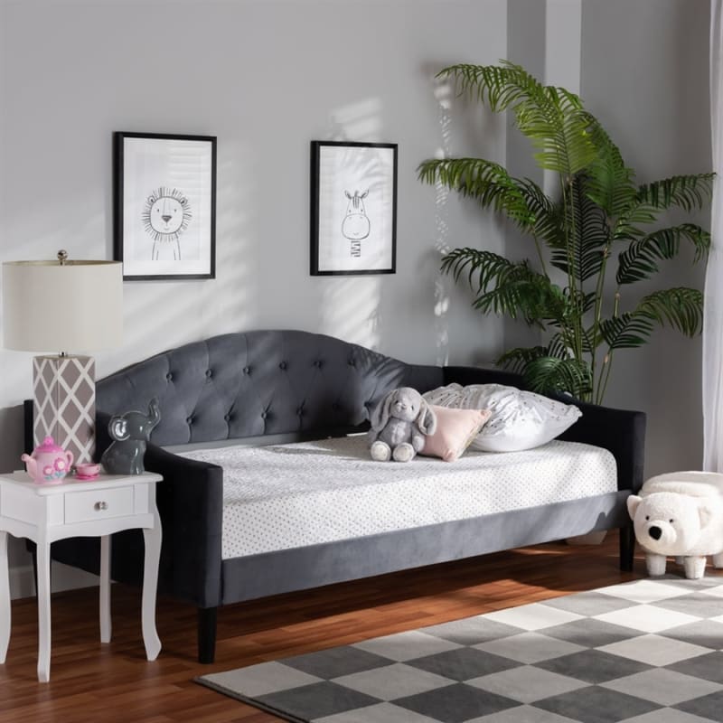 Benjamin Daybed in Grey Velvet Fabric and Dark Brown Finish by Baxton Studio - BAX-Benjamin-Grey Velvet-Daybed-Full