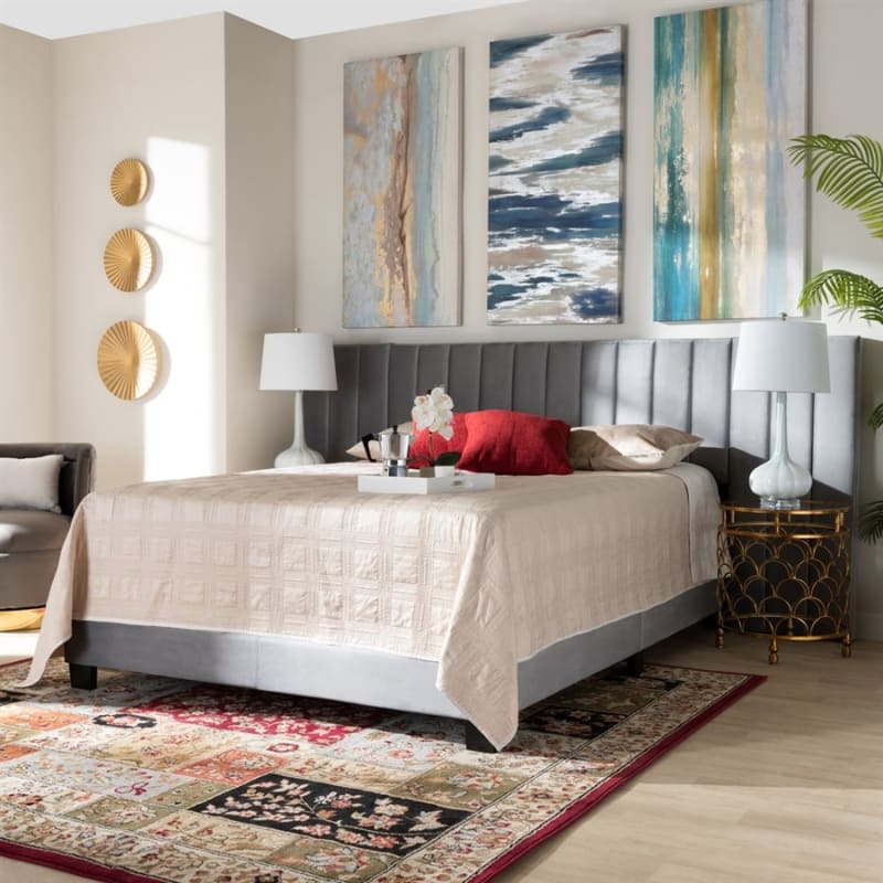 Fiorenza Panel Bed in Grey Velvet Fabric Finish by Baxton Studio - BAX-CF8031F-Grey Velvet-King