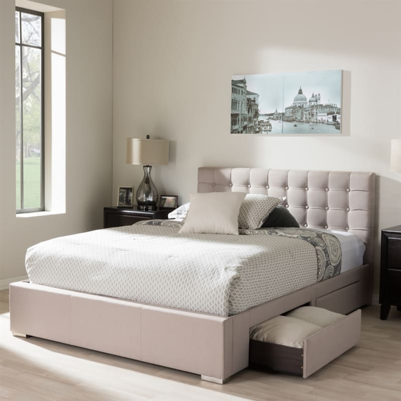 Rene Storage Platform Bed in Beige Fabric Finish by Baxton Studio - BAX-CF8497-Queen-Brown