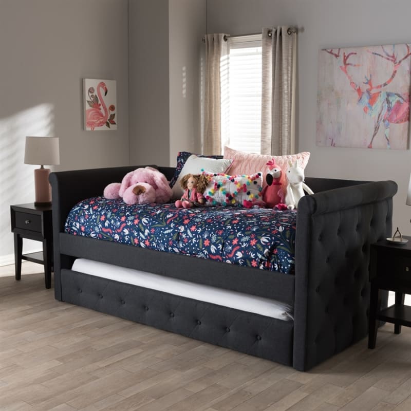 Alena Daybed with Trundle in Dark Grey Fabric Finish by Baxton Studio - BAX-CF8825-Dark Grey-Daybed