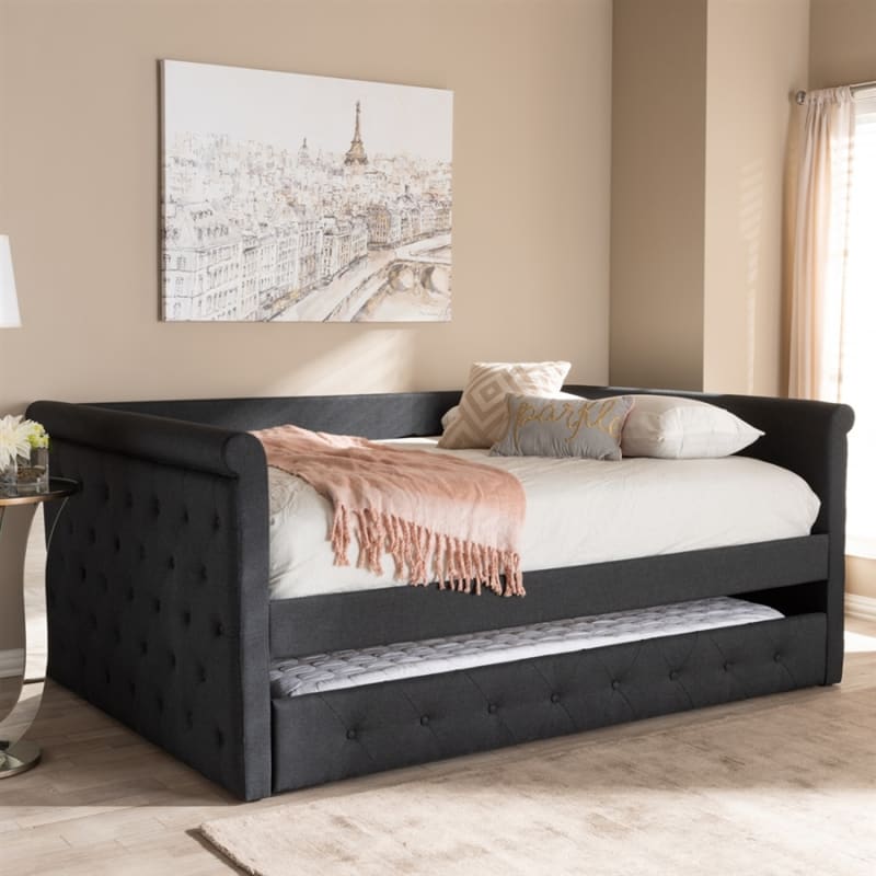 Alena Daybed with Trundle in Dark Grey Fabric Finish by Baxton Studio - BAX-CF8825-Dark Grey-Daybed-Q/T