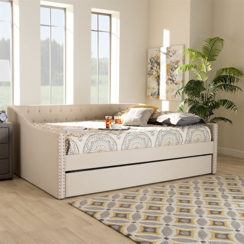 Haylie Daybed with Trundle in Beige Fabric Finish by Baxton Studio - BAX-CF9046-Beige-Daybed-Q/T