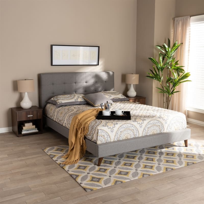 Maren Platform Bed with Two Nightstands in Light Grey Fabric Finish by Baxton Studio - BAX-CF9058-Light Grey-Queen