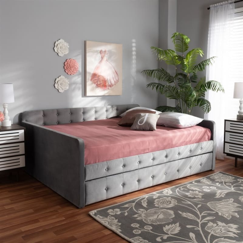Jona Daybed with Trundle in Grey Velvet Fabric Finish by Baxton Studio - BAX-CF9183-Grey-Daybed-Q/T