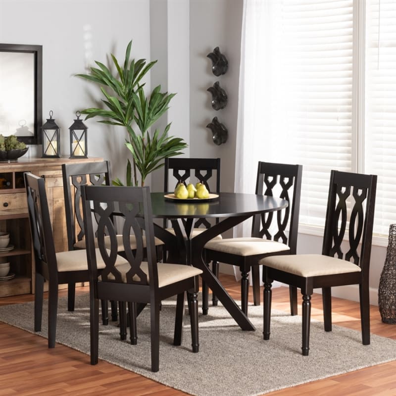 Callie 7 Piece Round Table Dining Room Set in Sand Fabric and Dark Brown Finish by Baxton Studio - BAX-Callie-Sand/Dark Brown-7PC