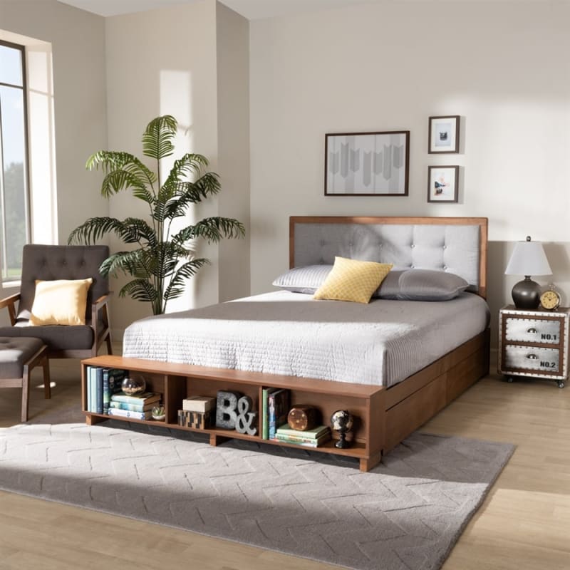 Cosma Platform Storage Bed in Ash Walnut Brown Finish by Baxton Studio - BAX-Cosma-Light Grey/Ash Walnut-Queen