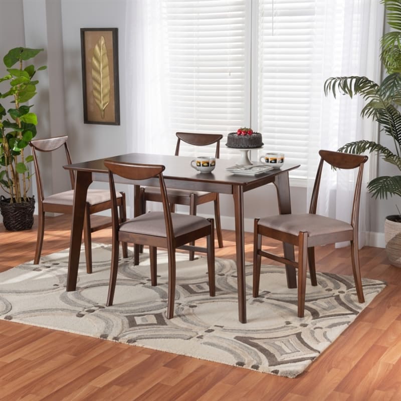 Delphina 5 Piece Dining Room Set in Warm Grey Fabric and Dark Brown Finish by Baxton Studio - BAX-Demetria-Grey/Cappuccino-5PC