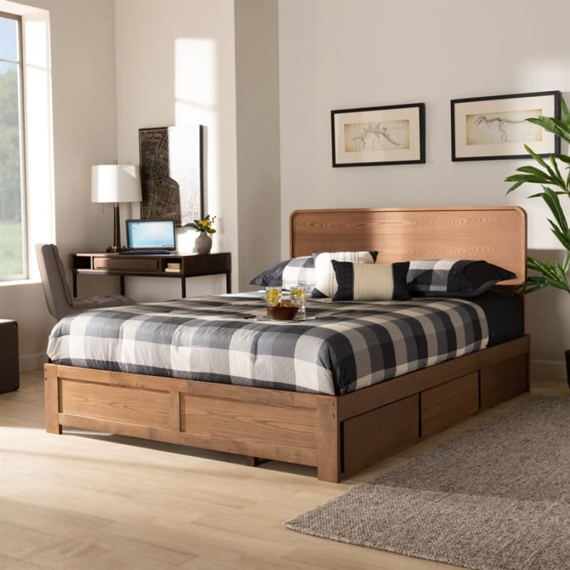 Eleni Platform Storage Bed in Ash Walnut Brown Finish by Baxton Studio - BAX-Eleni-Ash Walnut-Queen