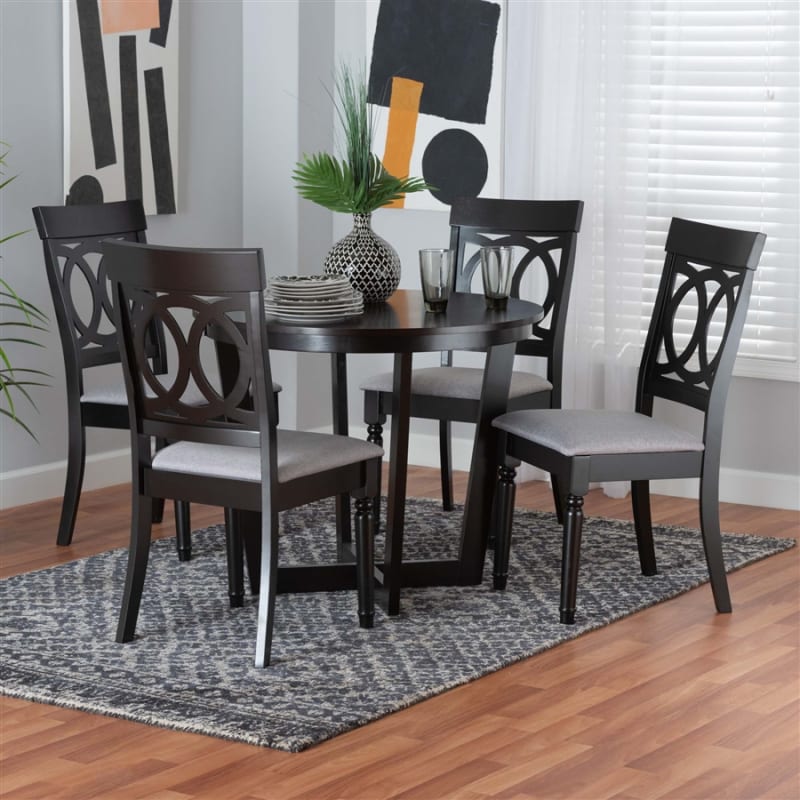 Estelle 5 Piece Round Dining Room Set in Grey and Dark Brown Finish by Baxton Studio - BAX-Estelle-Grey/Dark Brown-5PC
