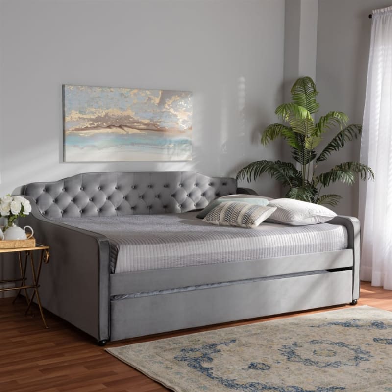 Freda Daybed with Trundle in Grey Velvet Fabric Finish by Baxton Studio - BAX-Freda-Grey Velvet-Daybed-Q/T