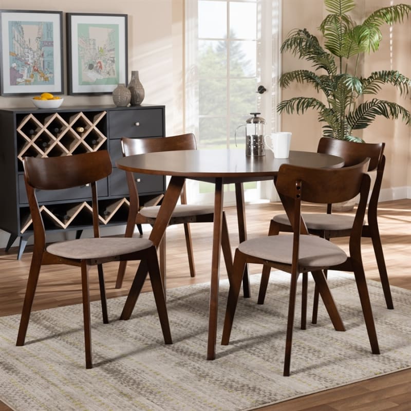 Rika 5 Piece Round Dining Room Set in Light Beige and Walnut Brown Finish by Baxton Studio - BAX-Iora/Hexa-Latte/Walnut-5PC