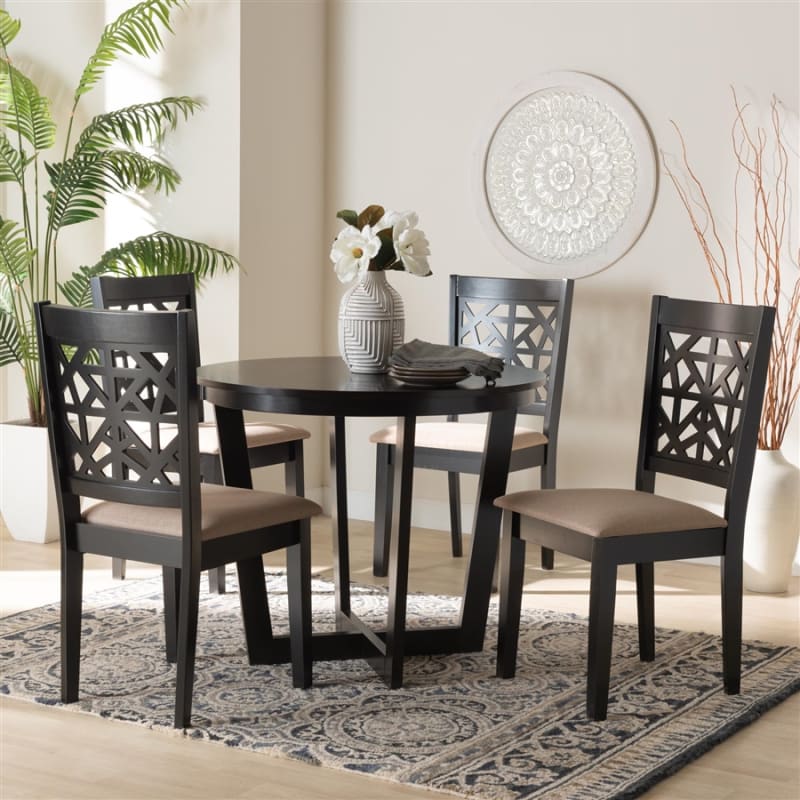 Jamie 5 Piece Round Dining Room Set in Beige and Dark Brown by Baxton Studio - BAX-Jamie-Sand/Dark Brown-5PC