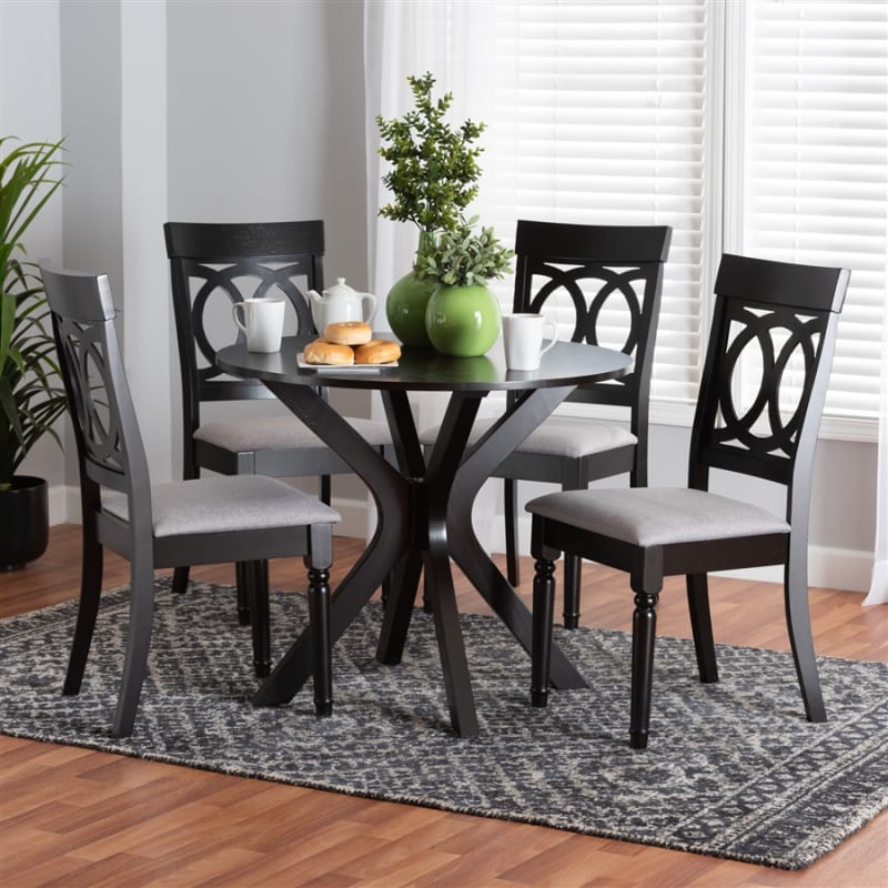 Jessie 5 Piece Round Dining Room Set in Grey and Dark Brown Finish by Baxton Studio - BAX-Jessie-Grey/Dark Brown-5PC