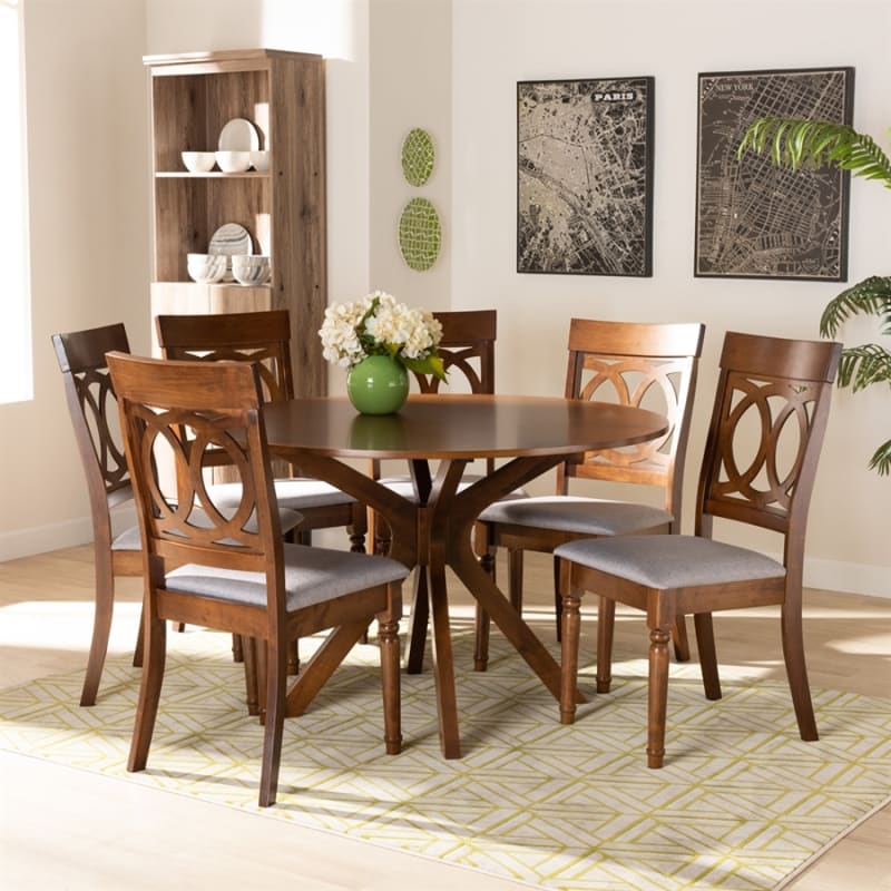 Jessie 7 Piece Round Dining Room Set in Grey and Walnut Brown Finish by Baxton Studio - BAX-Jessie-Grey/Walnut-7PC