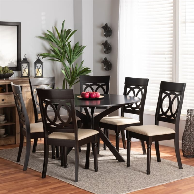 Jessie 7 Piece Round Dining Room Set in Sand and Dark Brown Finish by Baxton Studio - BAX-Jessie-Sand/Dark Brown-7PC