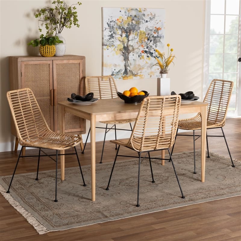 Manhattan 5 Piece Rectangular Dining Room Set in Rattan and Natural Oak Finish by Baxton Studio - BAX-KYG001C-Natural-5PC