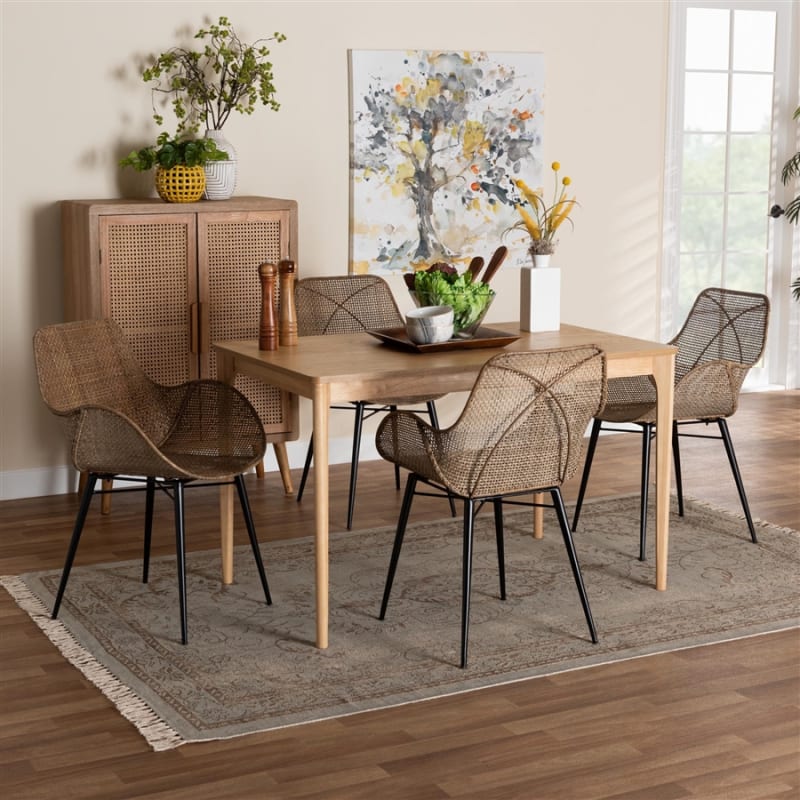 Ballerina 5 Piece Rectangular Dining Room Set in Greywashed Rattan and Black by Baxton Studio - BAX-KYG006C-Natural Oak/Light Grey-5PC