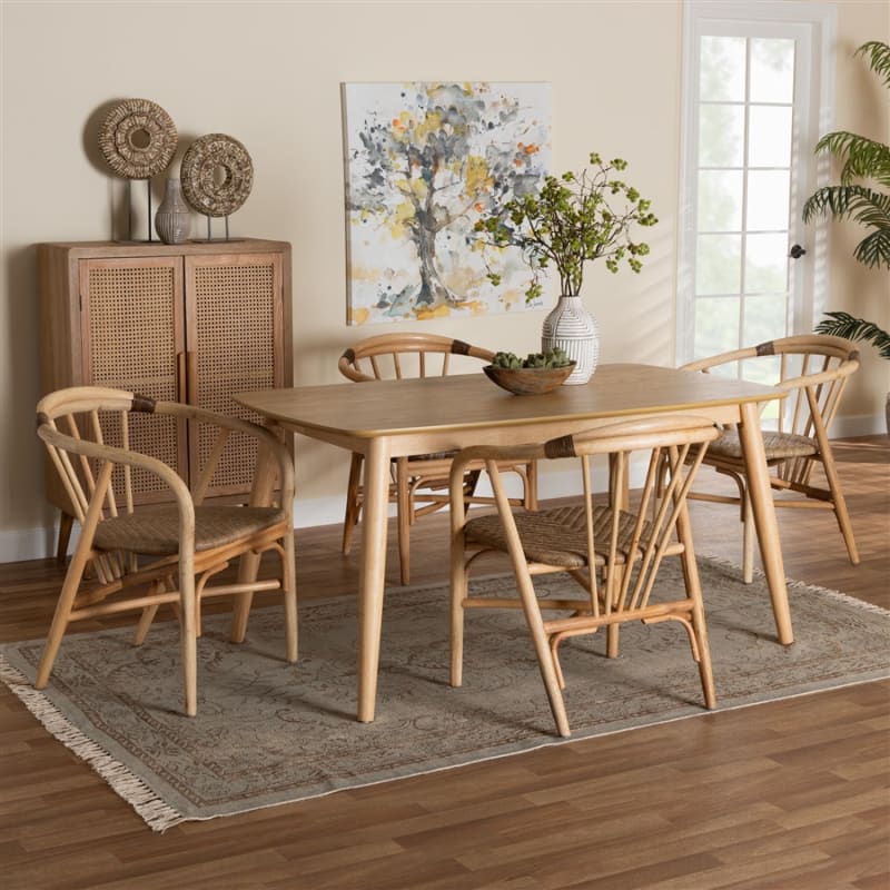 Kyoto 5 Piece Rectangular Dining Room Set in Natural Brown and Rattan Finish by Baxton Studio - BAX-KYG008C-Natural-5PC