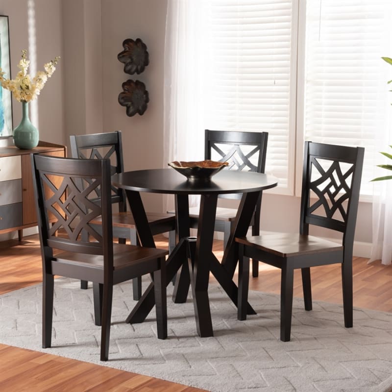 Kaila 5 Piece Round Dining Room Set in Dark Brown and Walnut Brown Finish by Baxton Studio - BAX-Kaila-Dark Brown/Walnut-5PC