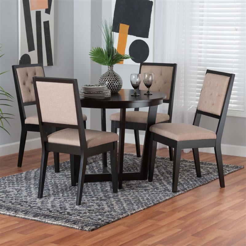 Kala 5 Piece Round Dining Room Set in Beige and Dark Brown Finish by Baxton Studio - BAX-Kala-Sand/Dark Brown-5PC