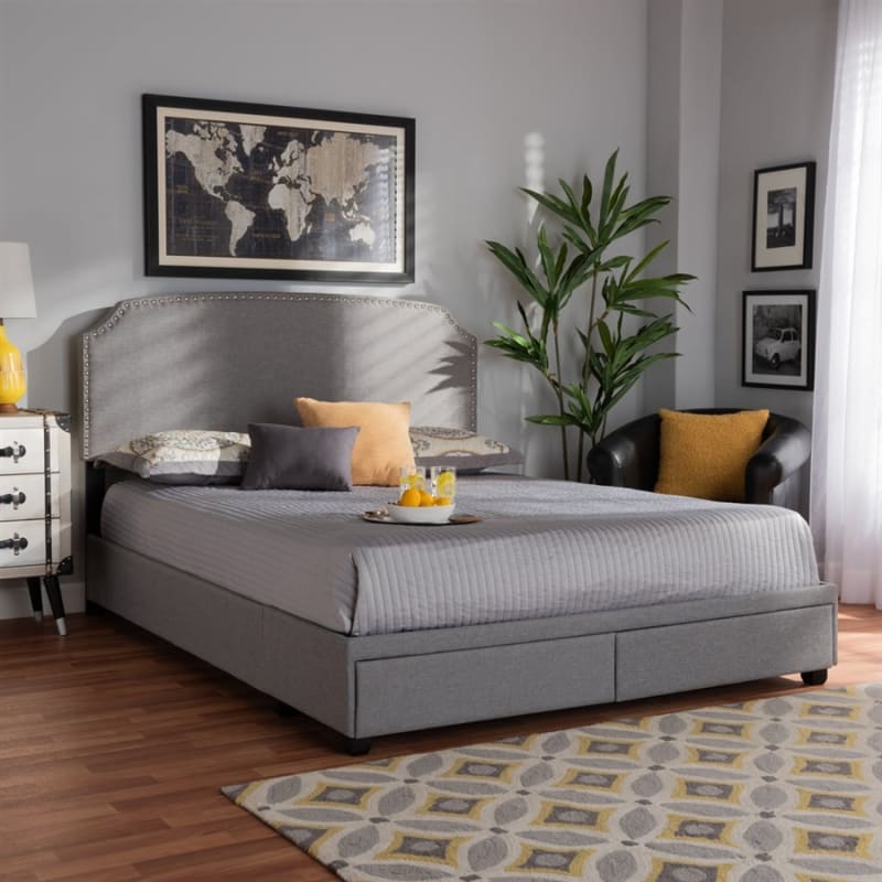 Larese Platform Storage Bed in Light Grey Fabric Finish by Baxton Studio - BAX-Larese-Grey-King