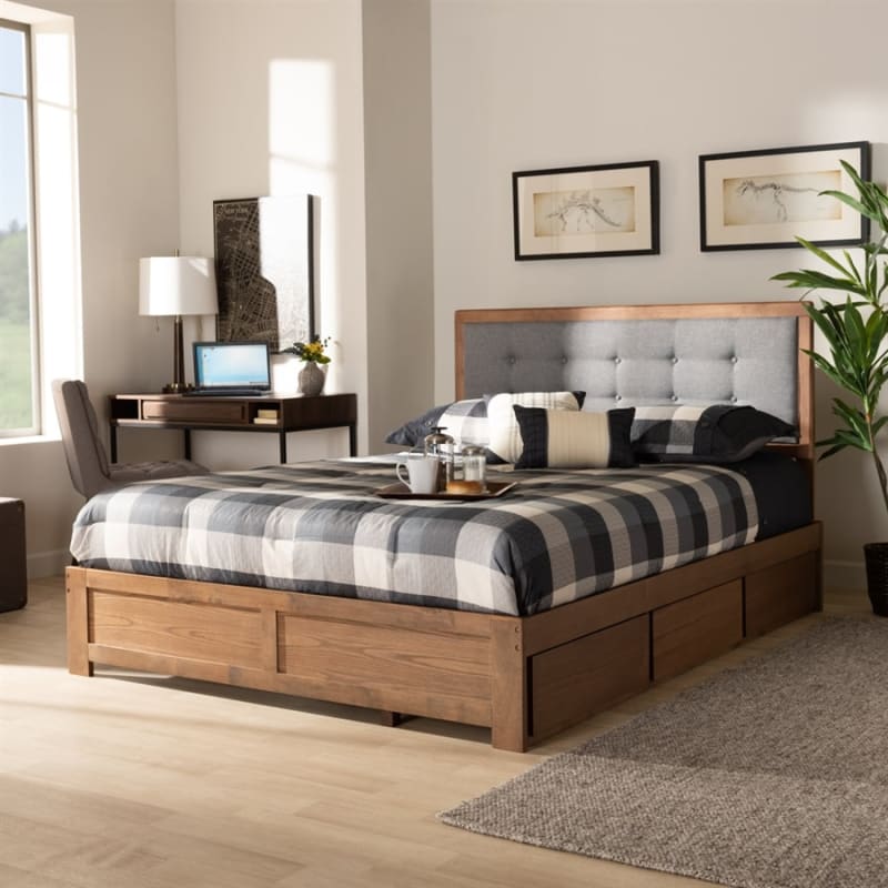 Lene Platform Storage Bed in Dark Grey Fabric and Ash Walnut Brown Finish by Baxton Studio - BAX-Lene-Dark Grey/Ash Walnut-Queen