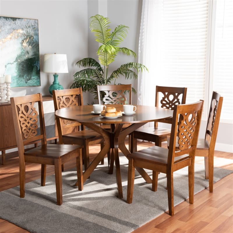 Liese 7 Piece Round Table Dining Room Set in Walnut Brown Finish by Baxton Studio - BAX-Liese-Walnut-7PC