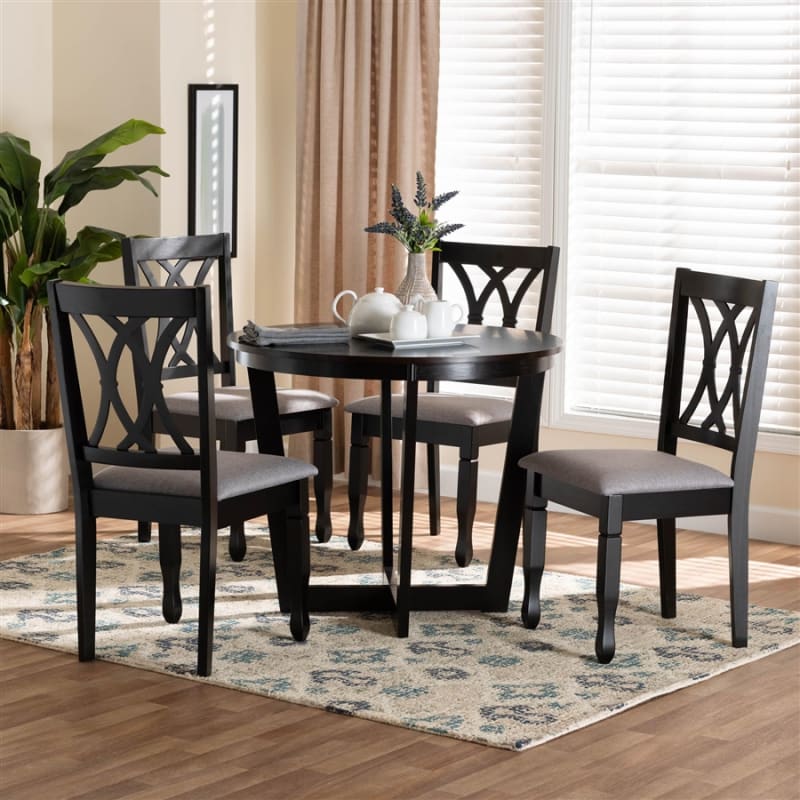 Aggie 5 Piece Round Dining Room Set in Grey and Dark Brown Finish by Baxton Studio - BAX-Lindy-Grey/Dark Brown-5PC