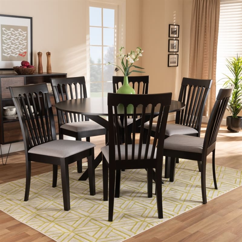 Lore 7 Piece Round Dining Room Set in Grey and Dark Brown Finish by Baxton Studio - BAX-Lore-Grey/Dark Brown-7PC