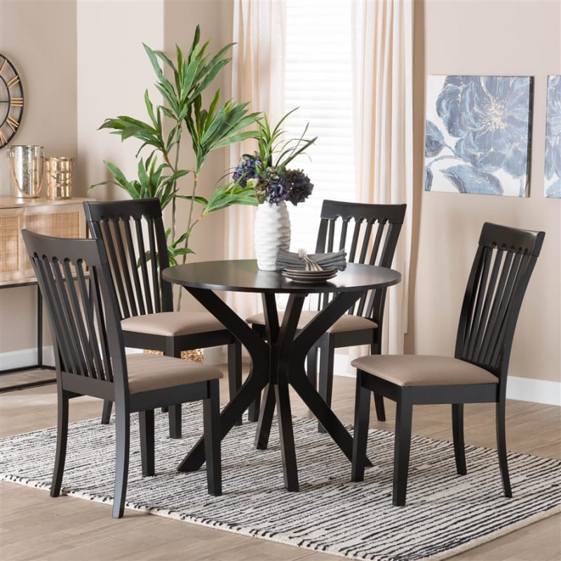 Lore 5 Piece Round Dining Room Set in Sand and Dark Brown Finish by Baxton Studio - BAX-Lore-Sand/Dark Brown-5PC